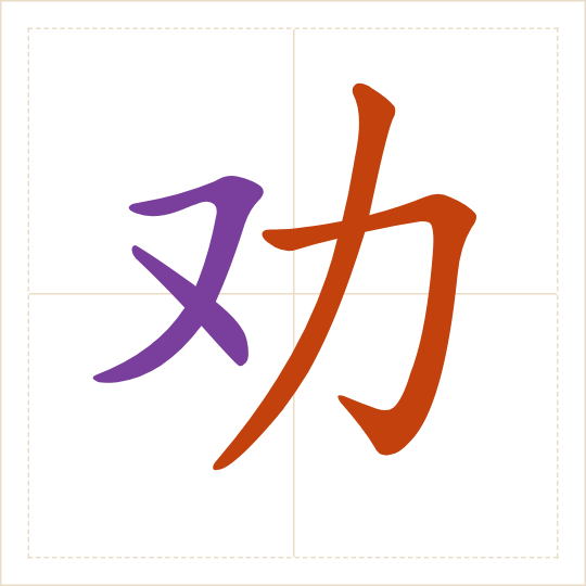 The character 劝 (quàn) with each of its parts in a different colour