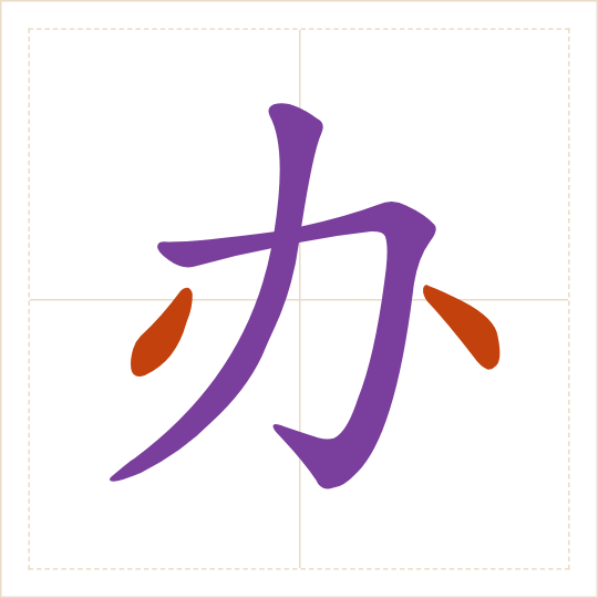 The character 办 (bàn) with each of its parts in a different colour