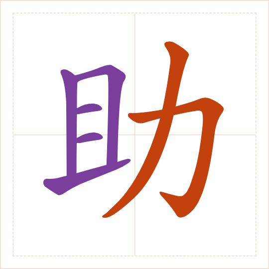 The character 助 (zhù) with each of its parts in a different colour