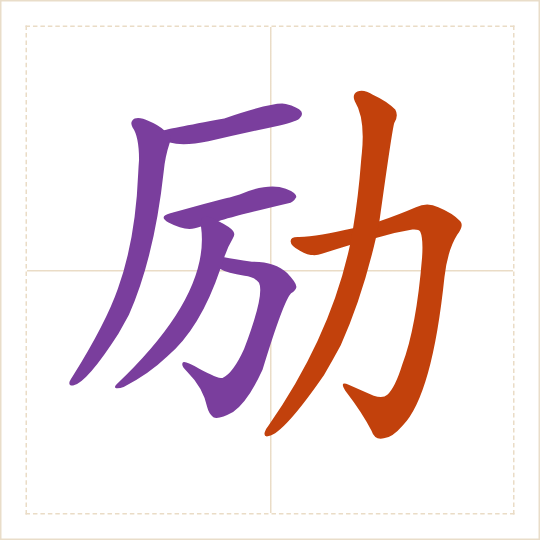 The character 励 (lì) with each of its parts in a different colour