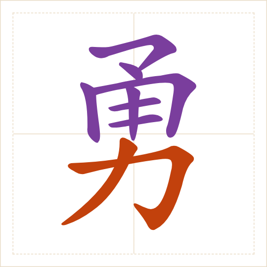 The character 勇 (yǒng) with each of its parts in a different colour
