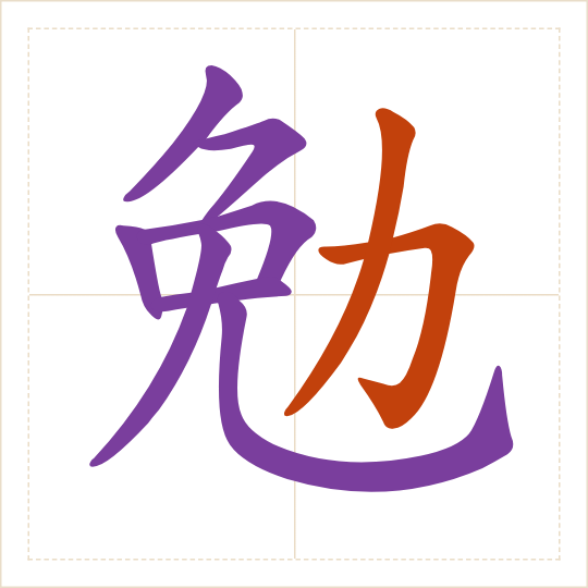 The character 勉 (miǎn) with each of its parts in a different colour