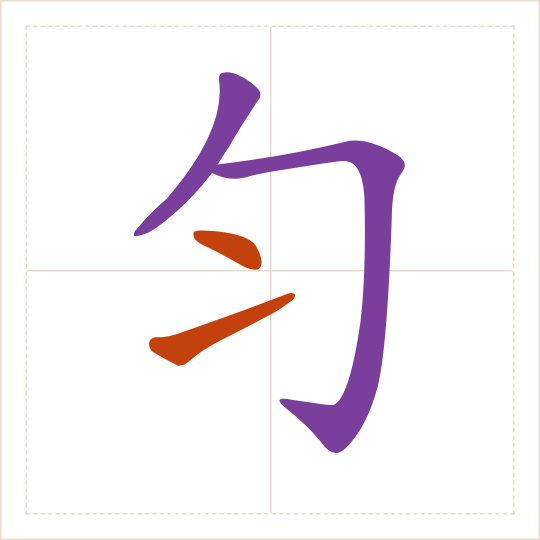 The character 匀 (yún) with each of its parts in a different colour