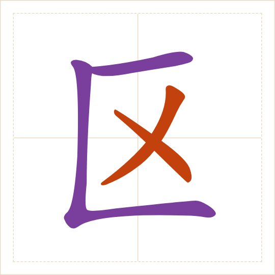 The character 区 (qū) with each of its parts in a different colour