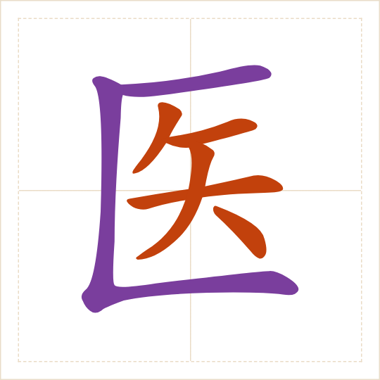 The character 医 (yī) with each of its parts in a different colour