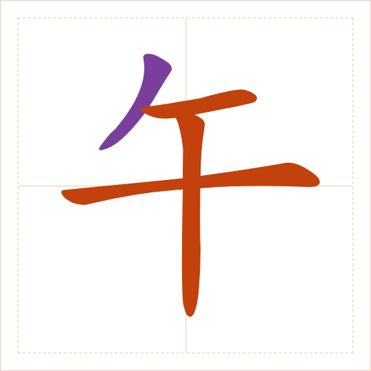 The character 午 (wǔ) with each of its parts in a different colour