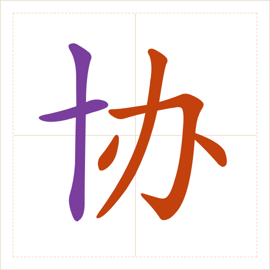 The character 协 (xié) with each of its parts in a different colour