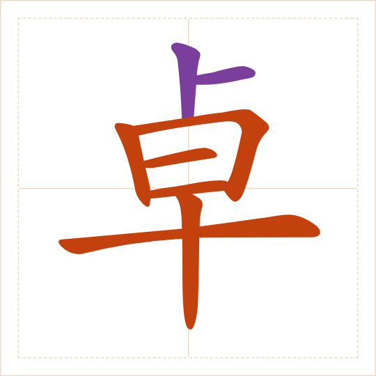 The character 卓 (zhuó) with each of its parts in a different colour