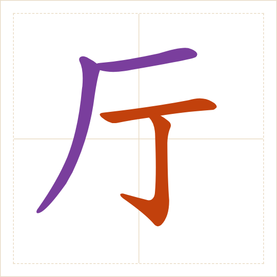 The character 厅 (tīng) with each of its parts in a different colour