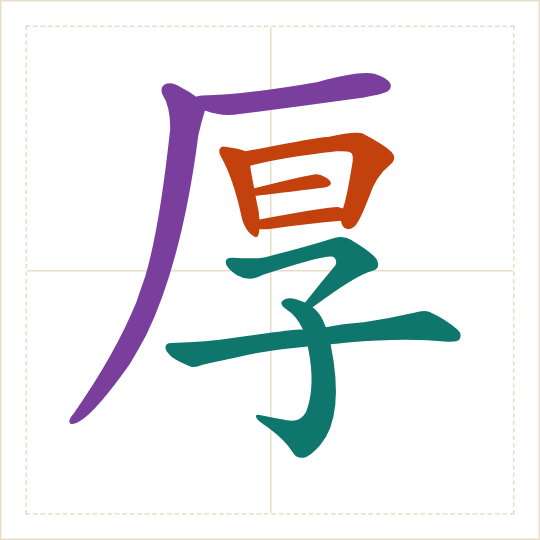 The character 厚 (hòu) with each of its parts in a different colour