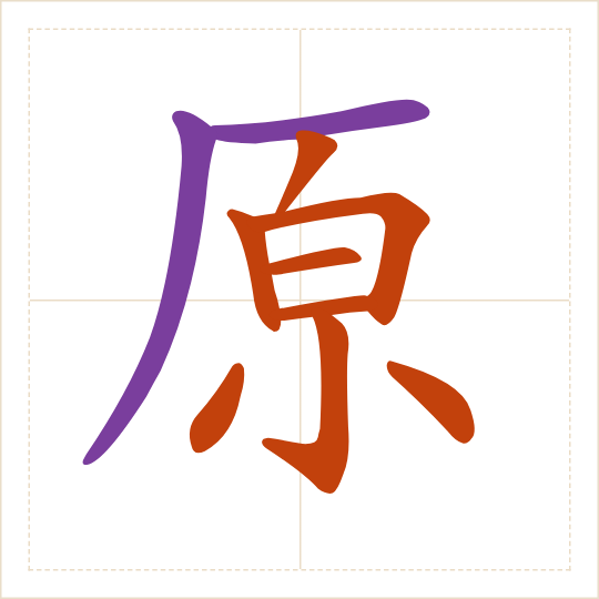 The character 原 (yuán) with each of its parts in a different colour