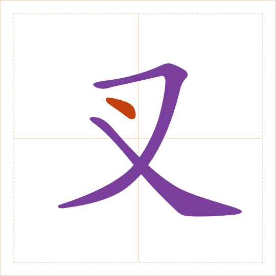 The character 叉 (chā) with each of its parts in a different colour