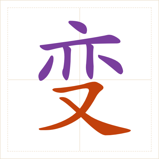 The character 变 (biàn) with each of its parts in a different colour
