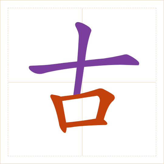 The character 古 (gǔ) with each of its parts in a different colour