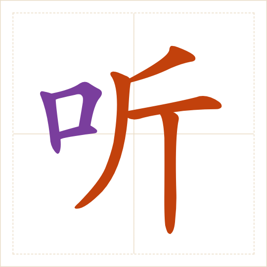The character 听 (tīng) with each of its parts in a different colour