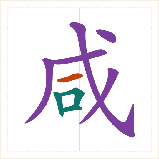 The character 咸 (xián) with each of its parts in a different colour