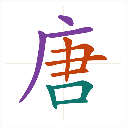 The character 唐 (táng) with each of its parts in a different colour