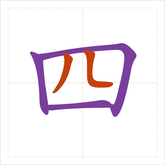 The character 四 (sì) with each of its parts in a different colour