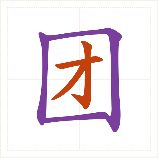 The character 团 (tuán) with each of its parts in a different colour