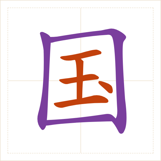 The character 国 (guó) with each of its parts in a different colour