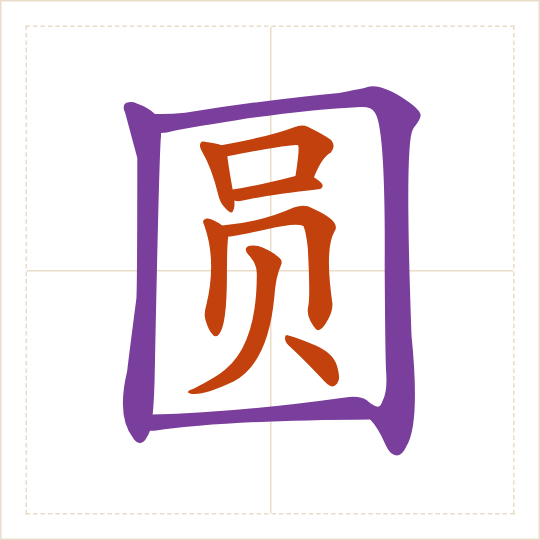 The character 圆 (yuán) with each of its parts in a different colour