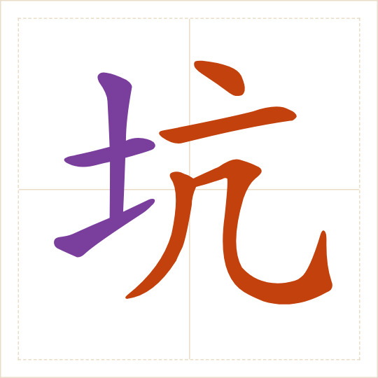 The character 坑 (kēng) with each of its parts in a different colour
