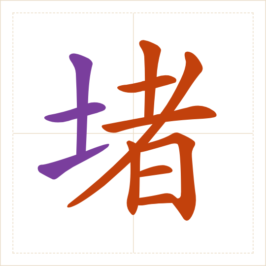 The character 堵 (dǔ) with each of its parts in a different colour