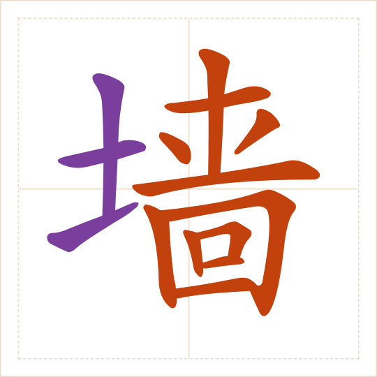 The character 墙 (qiáng) with each of its parts in a different colour