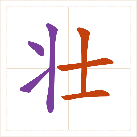 The character 壮 (zhuàng) with each of its parts in a different colour