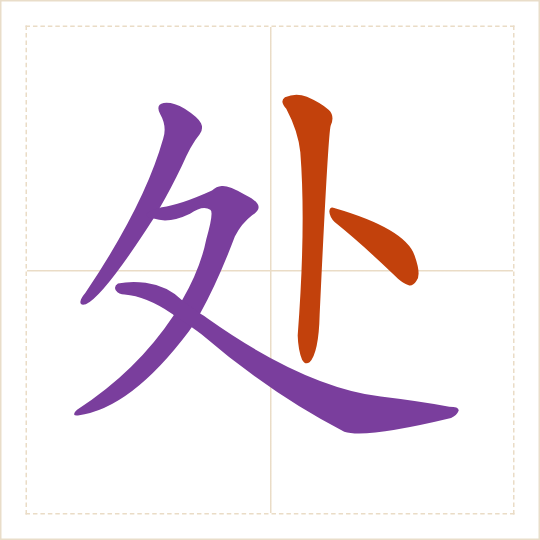 The character 处 (chu) with each of its parts in a different colour