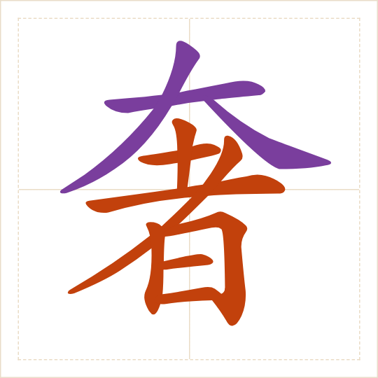 The character 奢 (shē) with each of its parts in a different colour