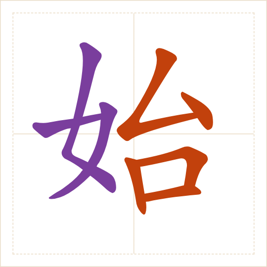 The character 始 (shǐ) with each of its parts in a different colour