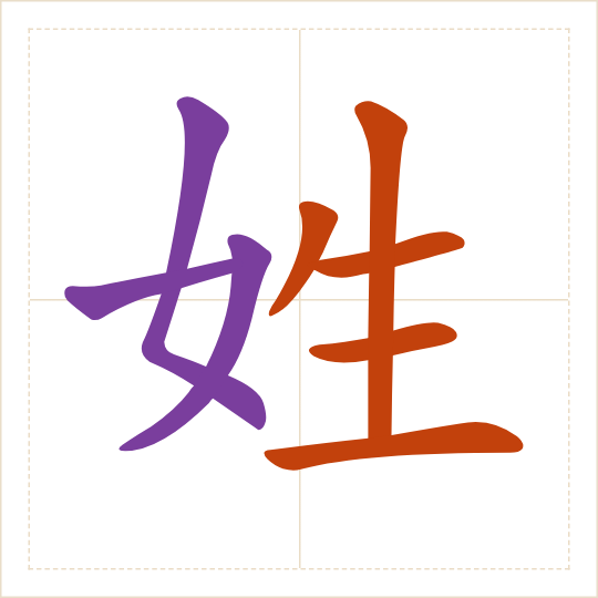 The character 姓 (xìng) with each of its parts in a different colour