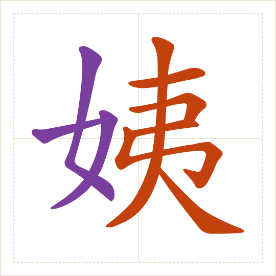 The character 姨 (yí) with each of its parts in a different colour