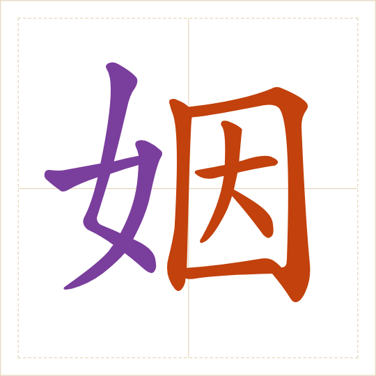 The character 姻 (yīn) with each of its parts in a different colour