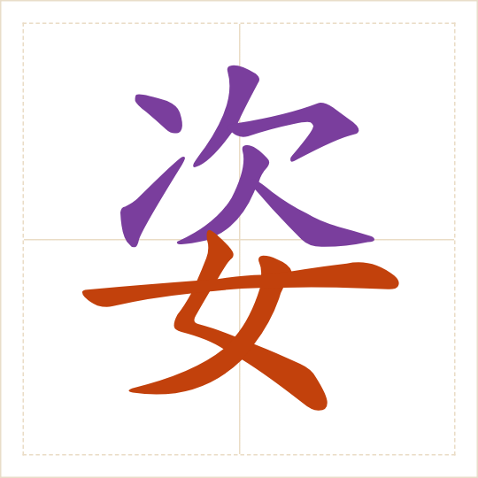 The character 姿 (zī) with each of its parts in a different colour