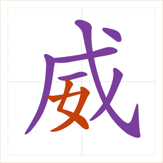 The character 威 (wēi) with each of its parts in a different colour