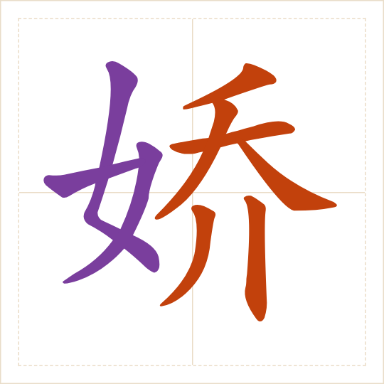 The character 娇 (jiāo) with each of its parts in a different colour