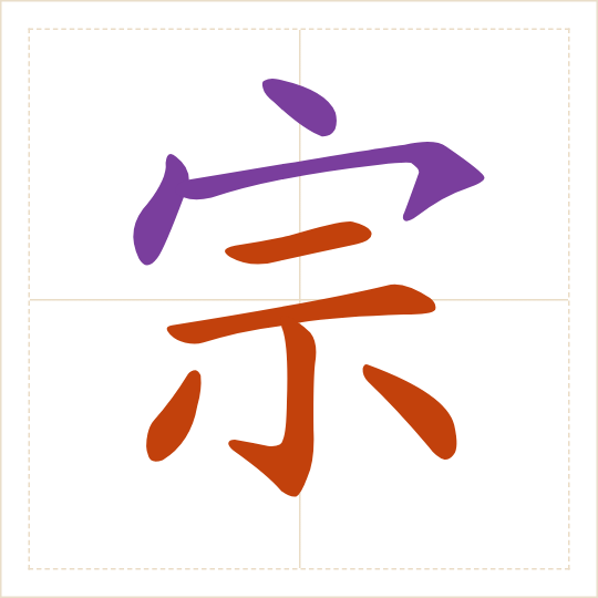 The character 宗 (zōng) with each of its parts in a different colour