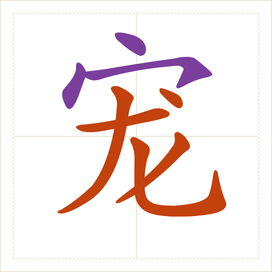 The character 宠 (chǒng) with each of its parts in a different colour