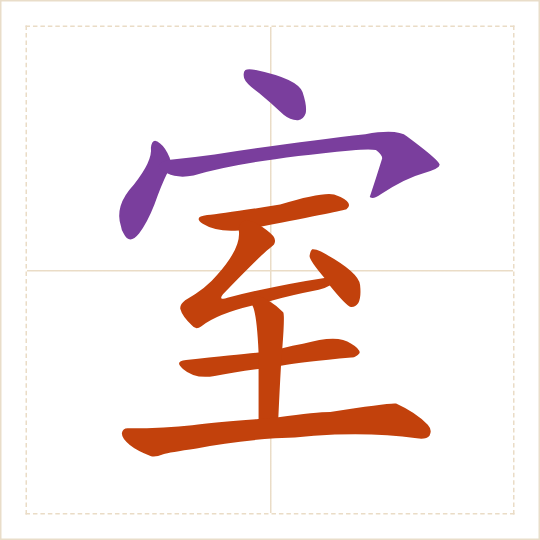 The character 室 (shì) with each of its parts in a different colour