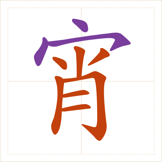 The character 宵 (xiāo) with each of its parts in a different colour