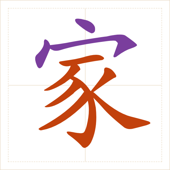 The character 家 (jiā) with each of its parts in a different colour