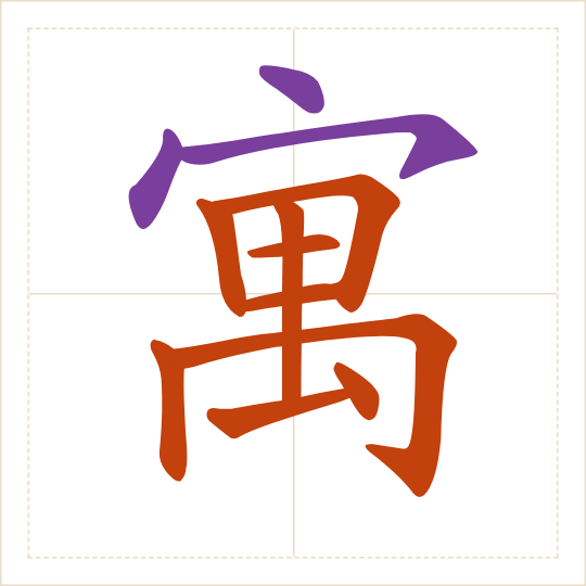 The character 寓 (yù) with each of its parts in a different colour
