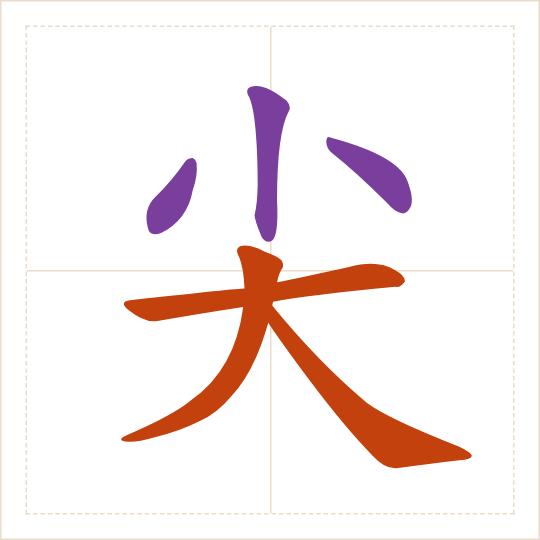 The character 尖 (jiān) with each of its parts in a different colour