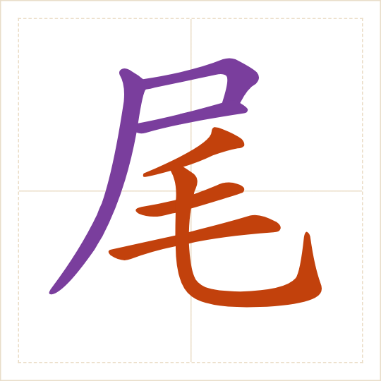 The character 尾 (wěi) with each of its parts in a different colour