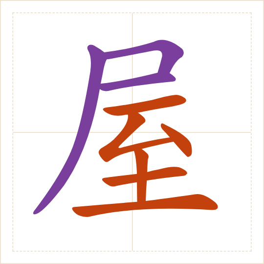 The character 屋 (wū) with each of its parts in a different colour
