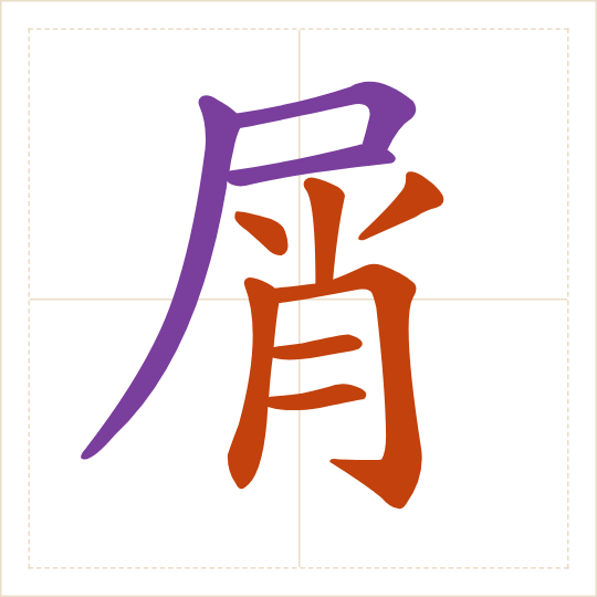 The character 屑 (xiè) with each of its parts in a different colour