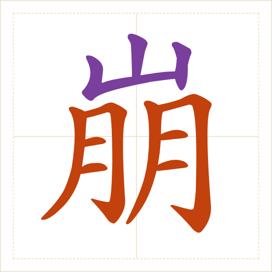 The character 崩 (bēng) with each of its parts in a different colour