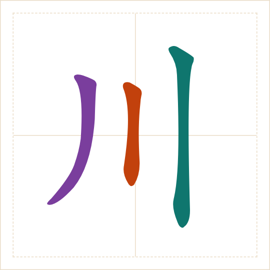 The character 川 (chuān) with each of its parts in a different colour